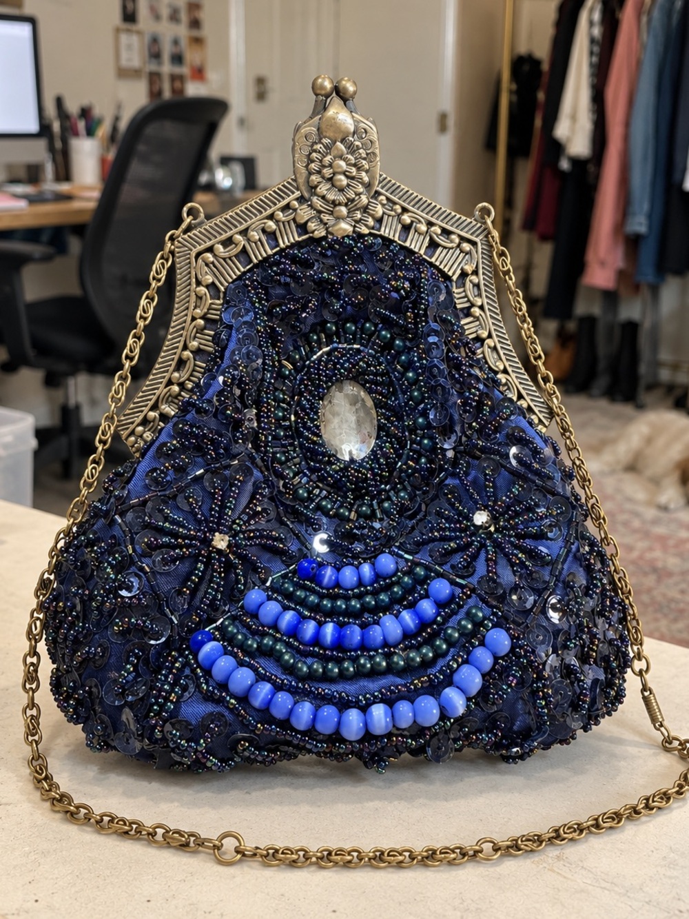 Vintage-Style Midnight Blue Beaded Sequin Ornate Brass Frame Evening Bag